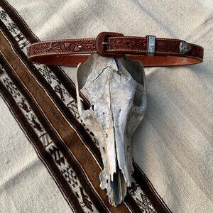 Vogt western hand tooled acorn leaf embossed leather sterling silver belt